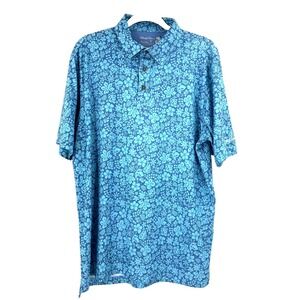 Straight Down Floral Golf Polo Hawaiian Shirt Mens Large Blue Performance Preppy